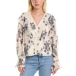 Allison New York Jules Blouse Cream Black Size Large NWT Ruffles Cuffs Lace Trim